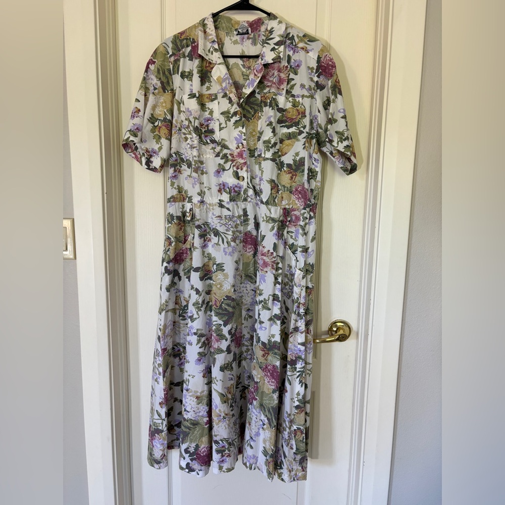 Vintage Impromptu Floral Shirt Dress Size 12 – Cottagecore Midi Button Front